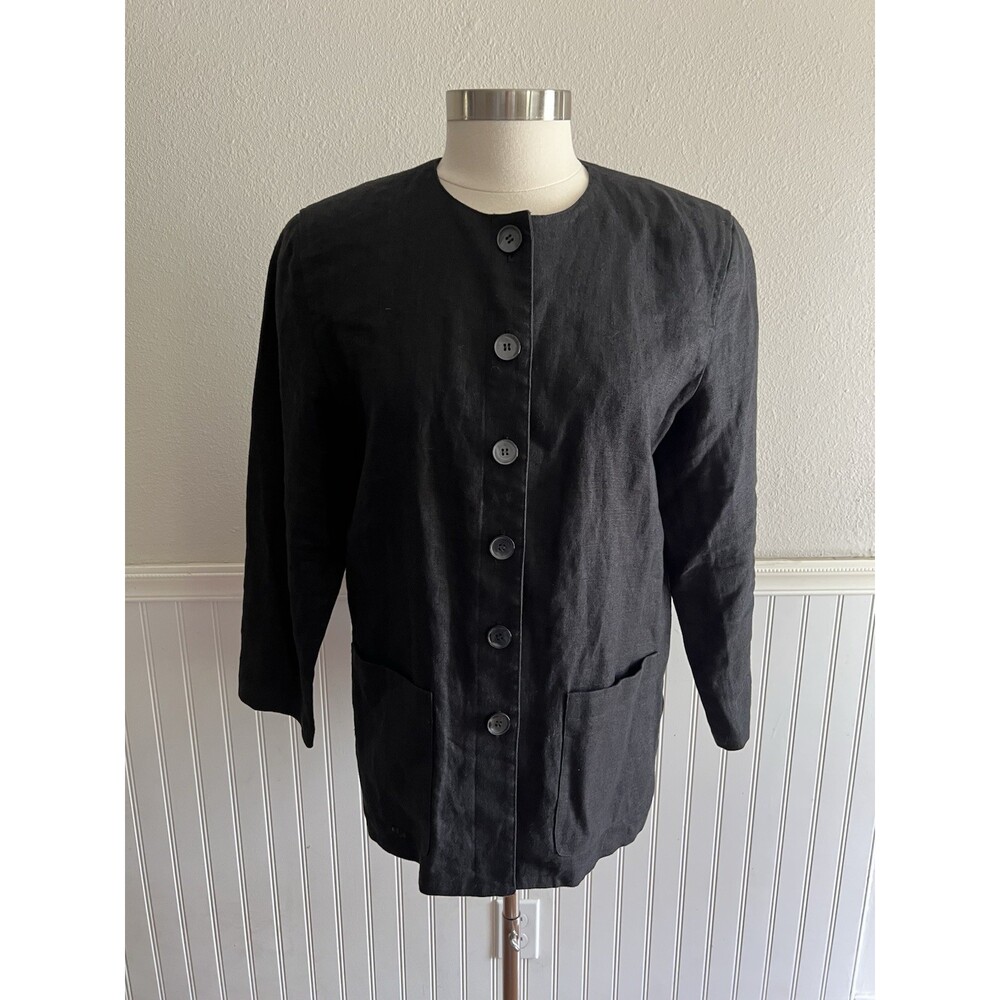 Vtg Liz Claiborne Collarless Shirt Jacket Front Pockets 100% Linen Black 10 P